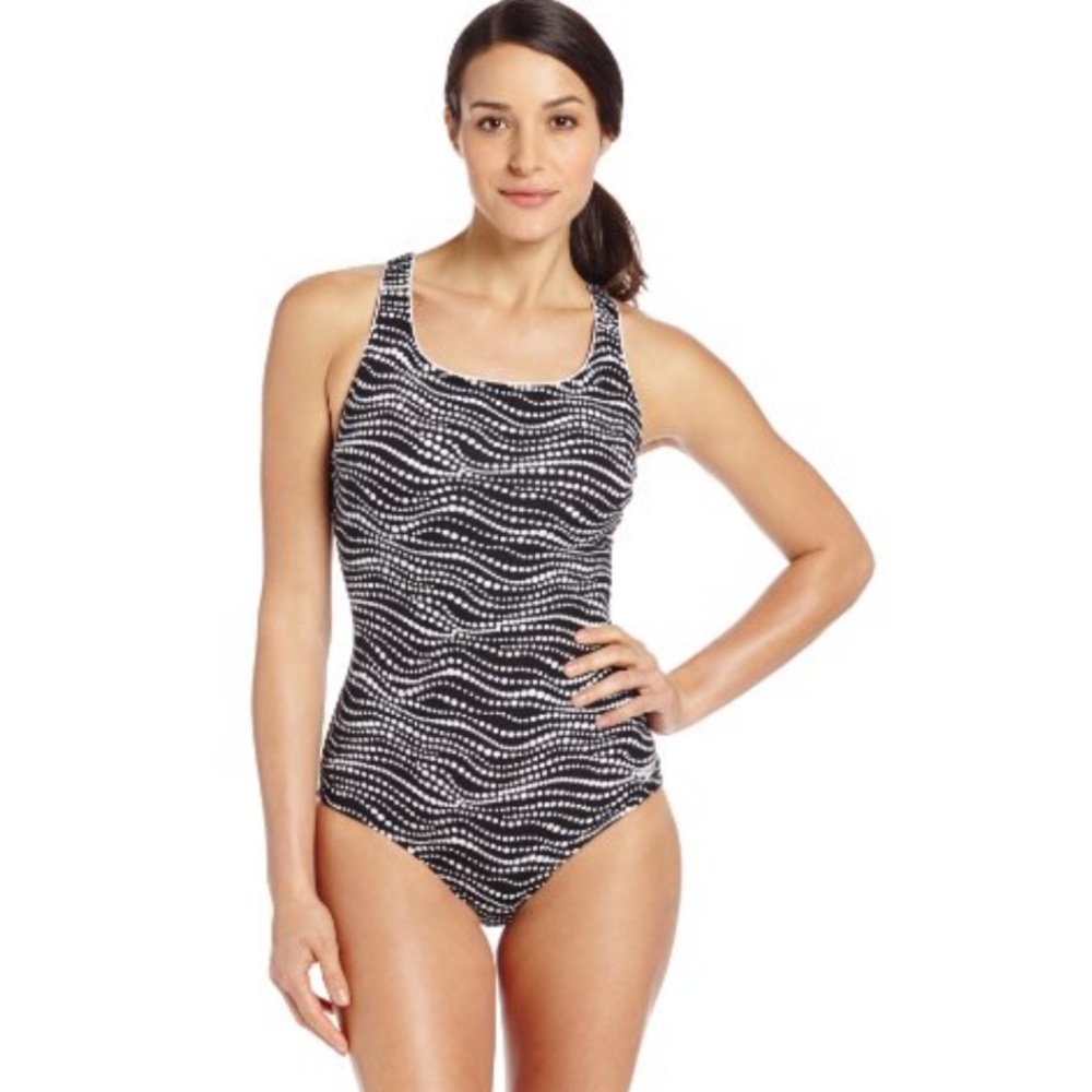 Speedo Black & Blue Ocean Dotted Racer Back One Piece Swim Suit